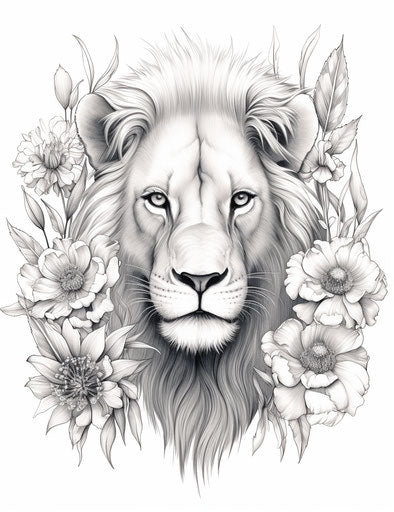 Black and white lion drawing with flowers, exotic style 24:31
