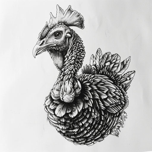 Sketch of a Thanksgiving turkey tattoo, fun and festive American theme, on a plain white canvas