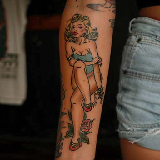forearm tattoos for women in the style of Ed Hardy with classic pin-up girl