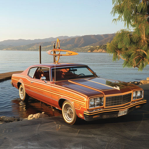 Nautical-themed 1976 Malibu Classic with wood paneling and boat mast, parked by the lakeside