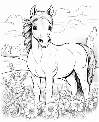 Horse outline on lawn coloring page, childlike charm