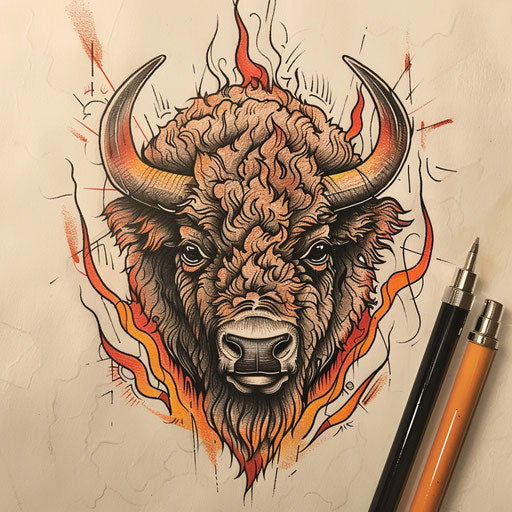 Energetic bison tattoo sketch in flat style with red and orange fiery accents