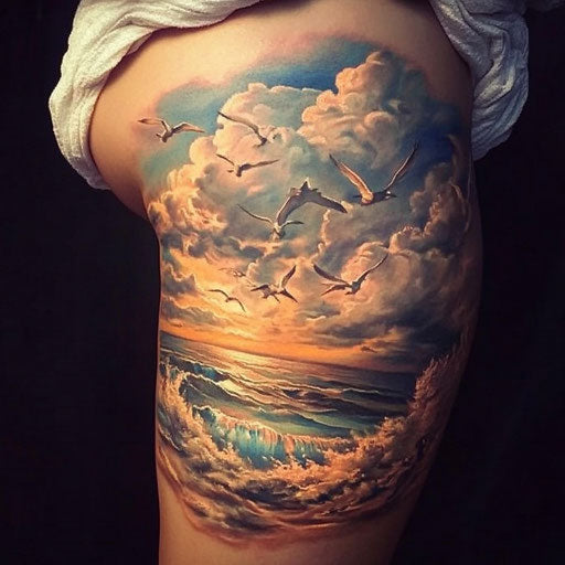 Female thigh tattoos, David Palumbo-style ocean serenity