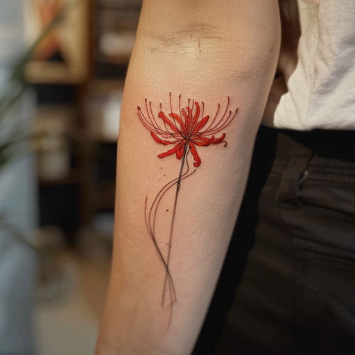 Minimalistic sketch of a red spider lily with a bold line