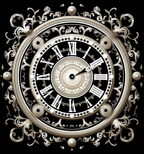 Black and white clock with pattern, alchemical style, luxury, exotic