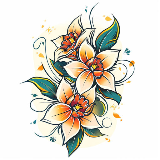 Floral Narcissus tattoo design in retro 70s style