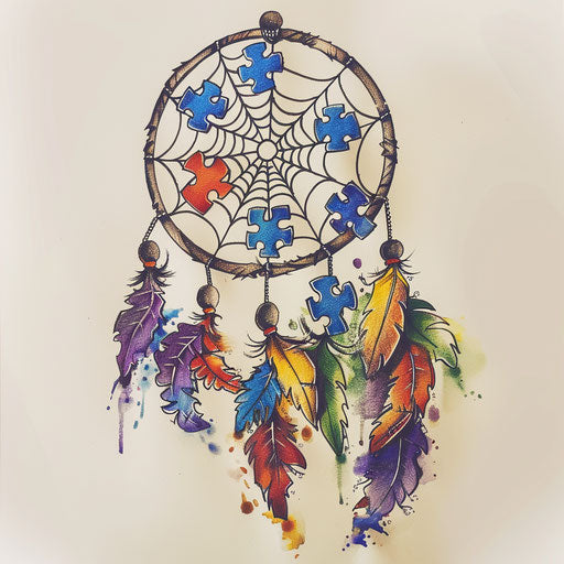 Dreamcatcher intertwined with autism puzzle pieces
