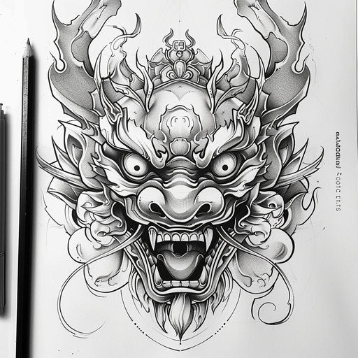 Monochrome tattoo sketch featuring a minimalist Tengu