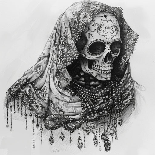 Sugar skull tattoo with lace shawl and necklace of tiny skulls