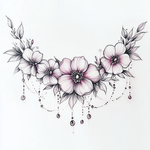 Flat tattoo sketch for women's sternum tattoo featuring floral garland