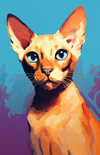 Sphynx cat against orange background, light beige and dark blue