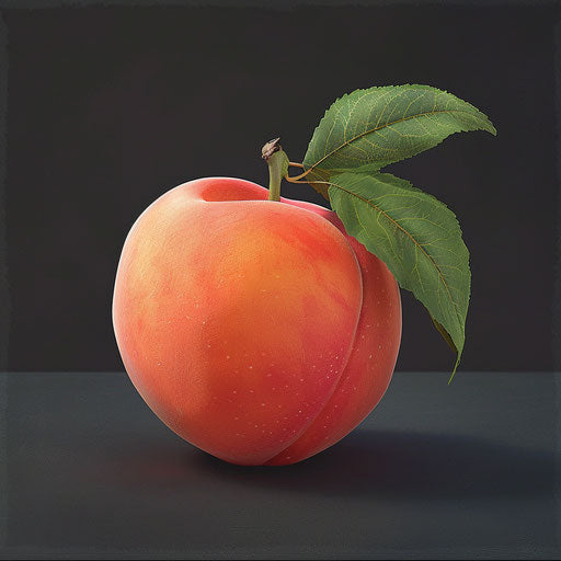 Peach clipart rendered in a realistic style on a flat, dark charcoal background, accentuating dramatic contrast and intricate detail