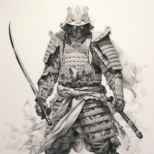 Detailed pencil drawing of a samurai sword in white armor