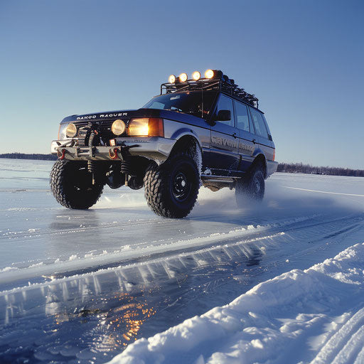 Winter race on frozen lake with 1994 Range Rover equipped