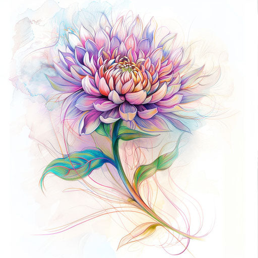 Romantic sketch of an aster flower with soft pastel colors and flowing curves