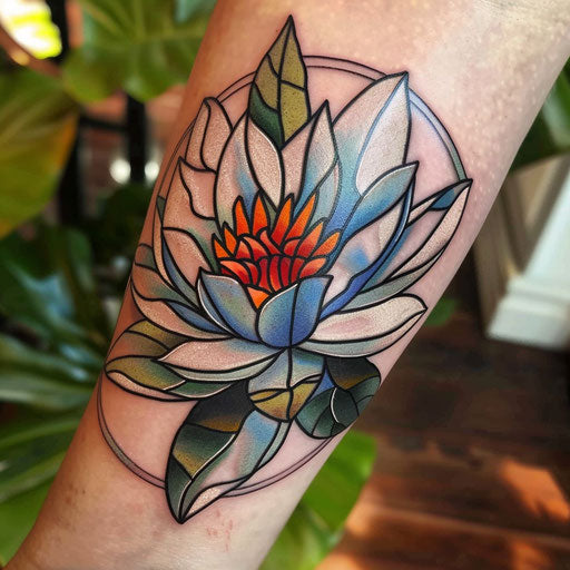 Water lily tattoo in stained glass style, vivid colors