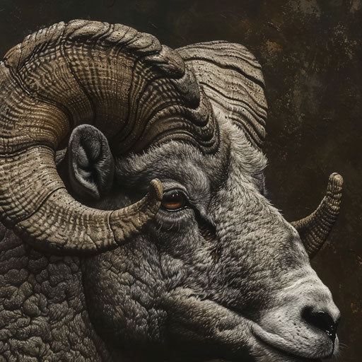 Textured horns of a bighorn sheep in close-up, in the style of Vincent Munier