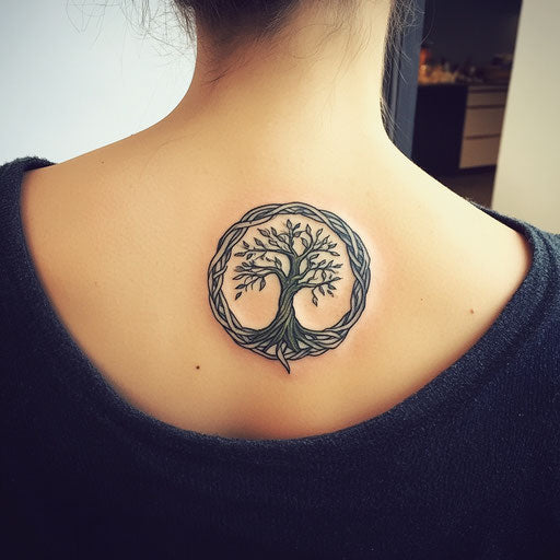 Daughter tattooed with a tree of life symbol on shoulder blade