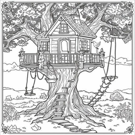 Detailed treehouse in ancient tree with rope ladders and swings