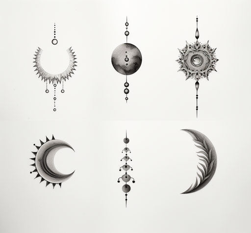 Four moons in black and white, tattoo style, hurufiyya