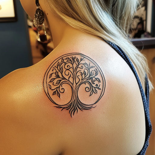 Daughter tattoos with tree of life symbol on shoulder blade