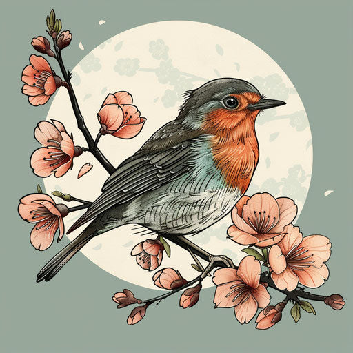 Robin on a blooming cherry branch