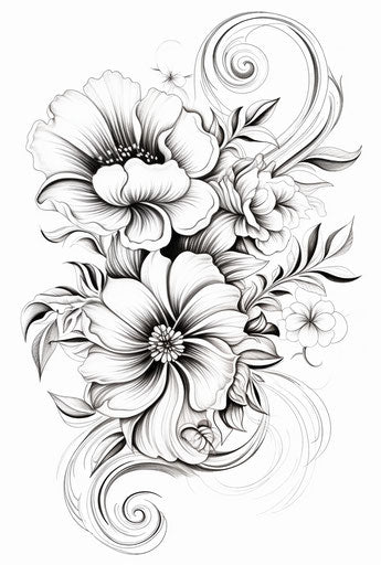 Black and white floral coloring page, elegant abstraction style