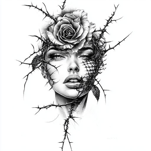 Amber rose face tattoo sketch with rose and delicate thorns in monochrome