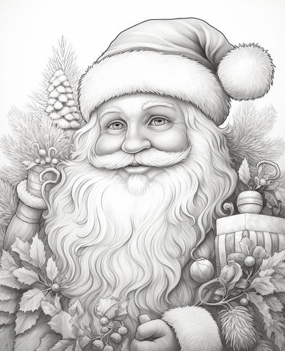 Christmas Santa coloring pages, precise draftsmanship style sketches