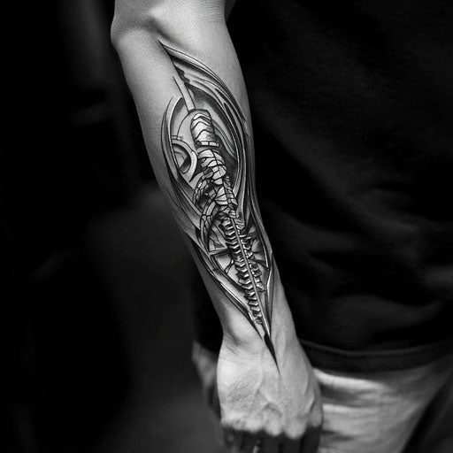 Tribal tattoos for men with a tribal biomechanical fusion on the forearm