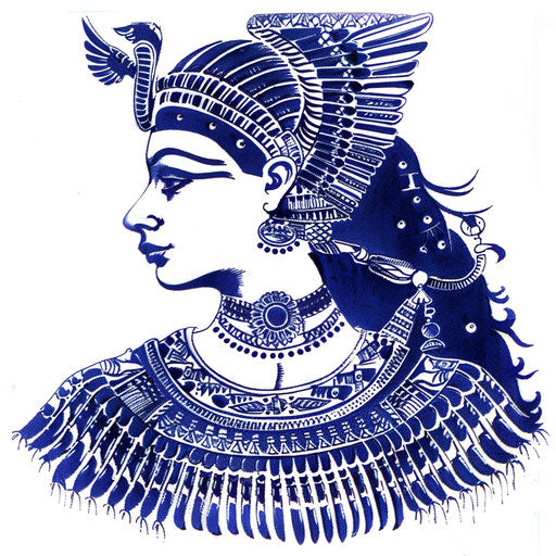 Egyptian motifs in dark blue on white