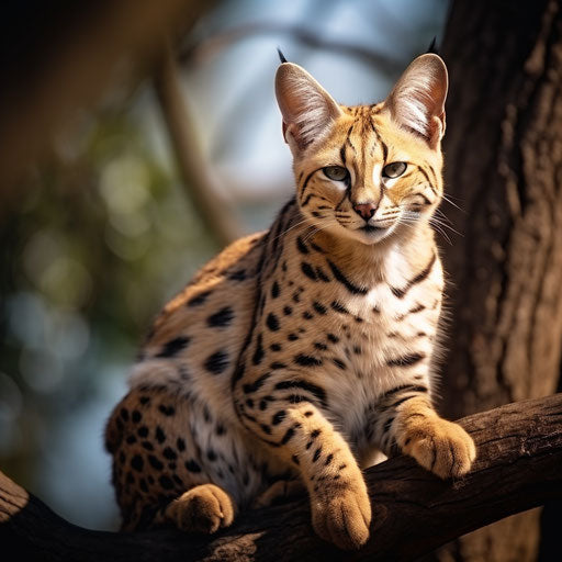A serval cat lying on a tree branch