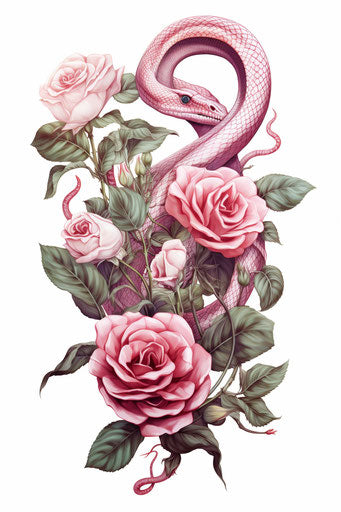 Pink rose and snake together, white background, alchemical style