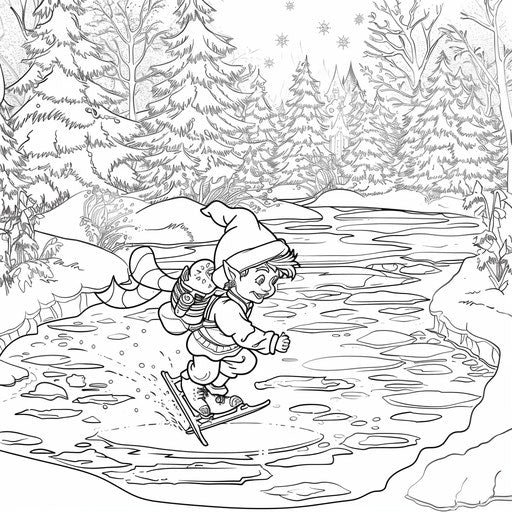 Elf ice-skating on frozen pond