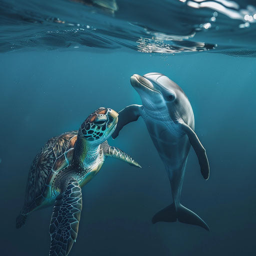 Playful interaction between olive ridley sea turtle and curious dolphin