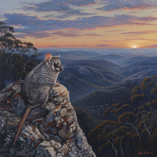 The mountain pygmy possum perched on a rocky outcrop at sunset