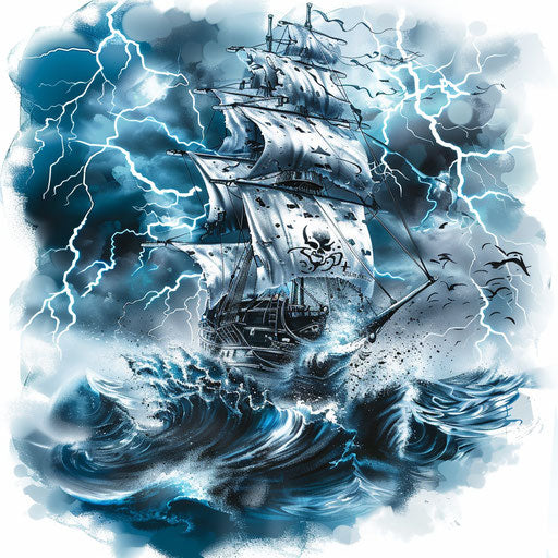 Adventurous tattoo sketch of the Jolly Roger on stormy sea