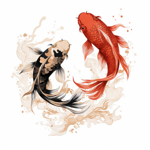 Two orange koi fish in black and white, chic minimalist ink illustrations