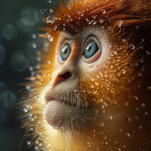 Yunnan snub-nosed monkey at dawn with dew on fur