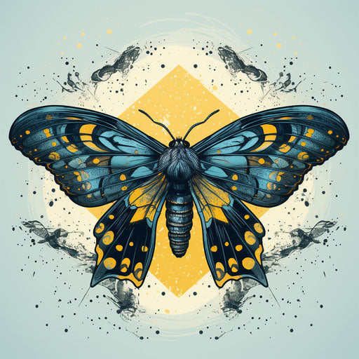 Blue moth tattoo design, pop-art style, psychological phenomena illustrations