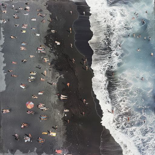 Black sand beach with families enjoying sun and sea