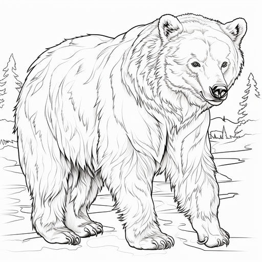 Grizzly Bear Coloring Page in Black and White, Captivating Style