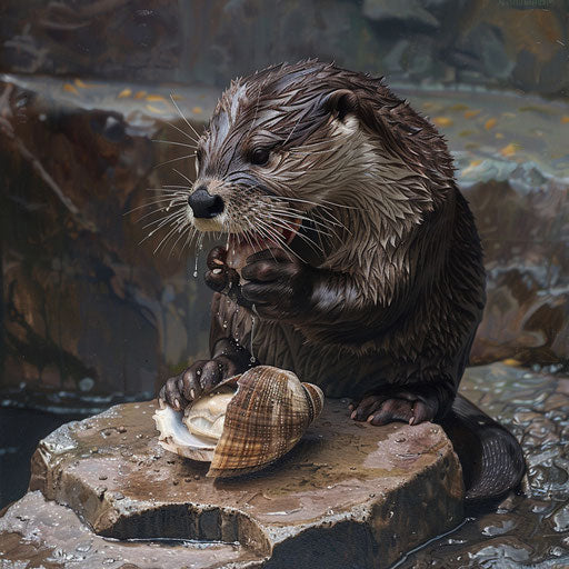 Otter expertly cracking open a shellfish on a stone table
