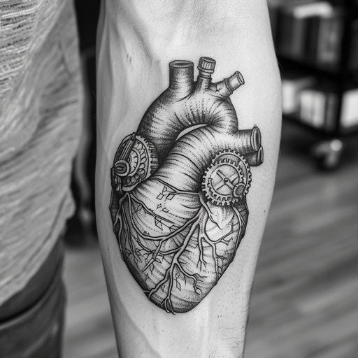 Anatomical heart tattoo with a steampunk twist
