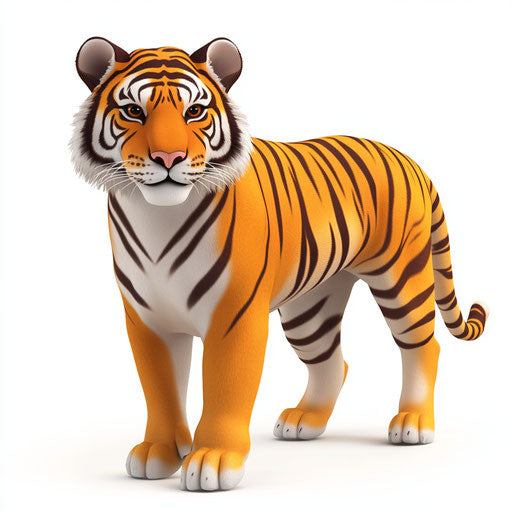Realistic 3D tiger cartoon on flat white background, isolated