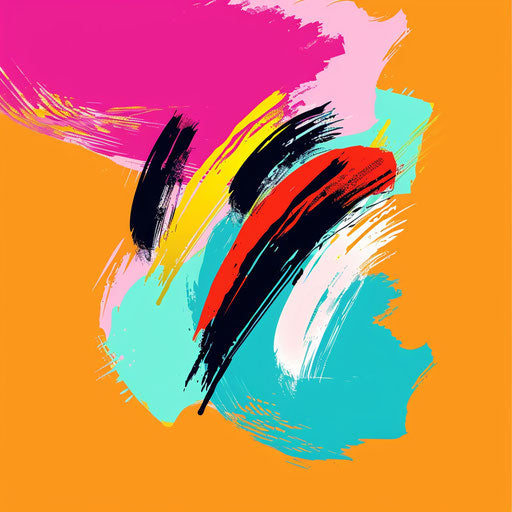 Graphic design logo with brush stroke elements and colorful palette, against vibrant background