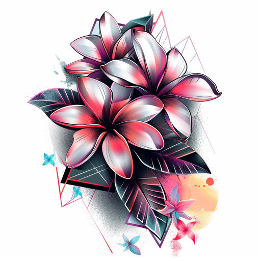Futuristic flat tattoo sketch of plumeria with metallic effects