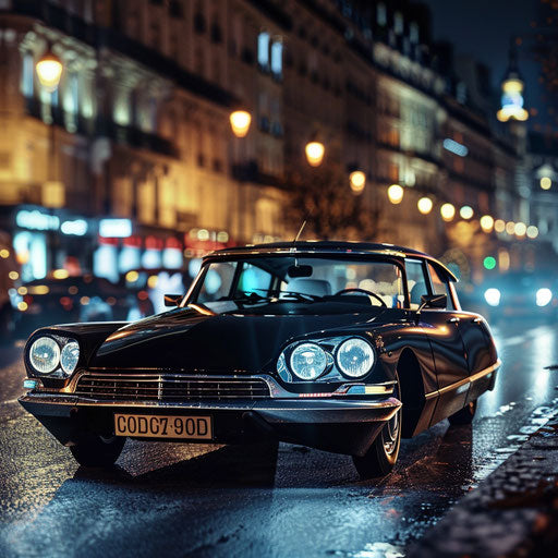 Citroen DS 20 transformed into a luxurious limousine, gleaming under the bright lights of a city at night.
