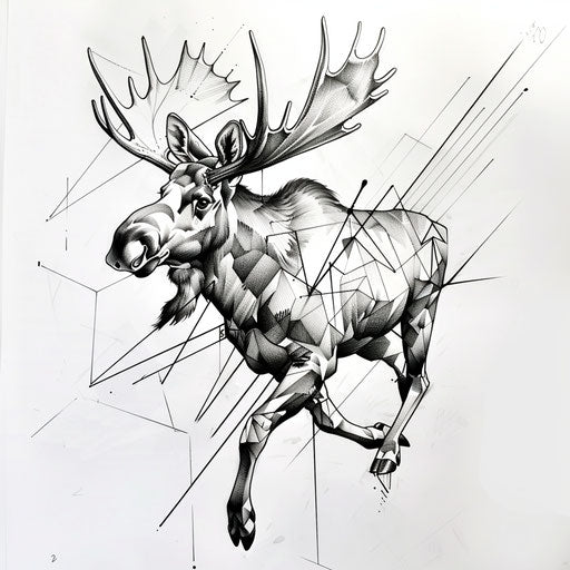 Dynamic tattoo sketch of a moose in mid-stride with abstract geometric elements