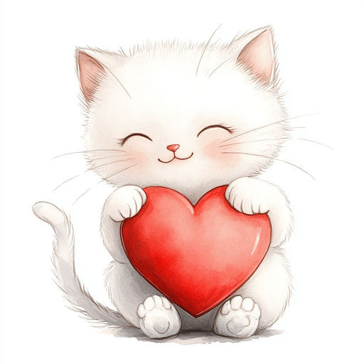 Cute kitten: smiling, holding a red heart, delicate paws